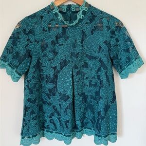 Anthropologie Teal Lace Embroidered Short-Sleeve Blouse